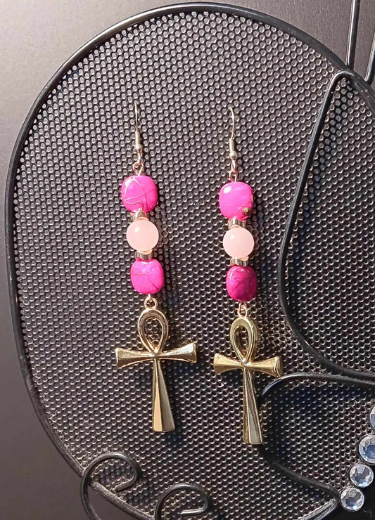 Rose Quartz and Pink Ankh Earrings