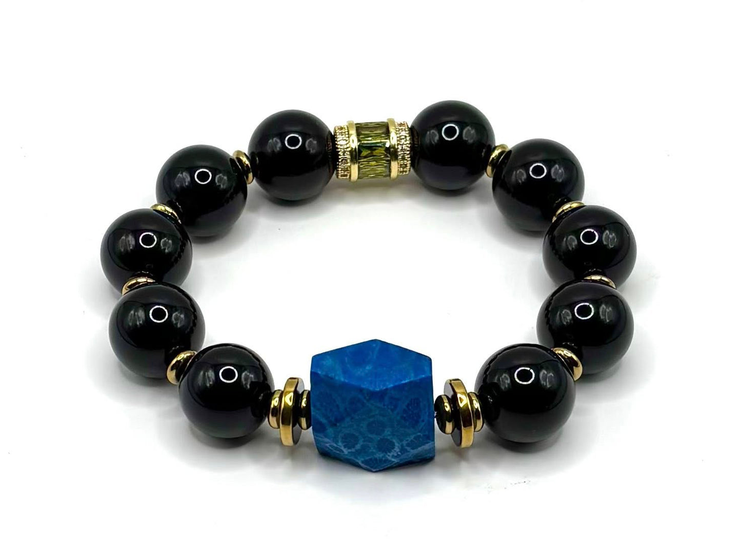 Black Onyx & Blue Fossil Coral Bracelet – Strength, Calm & Style