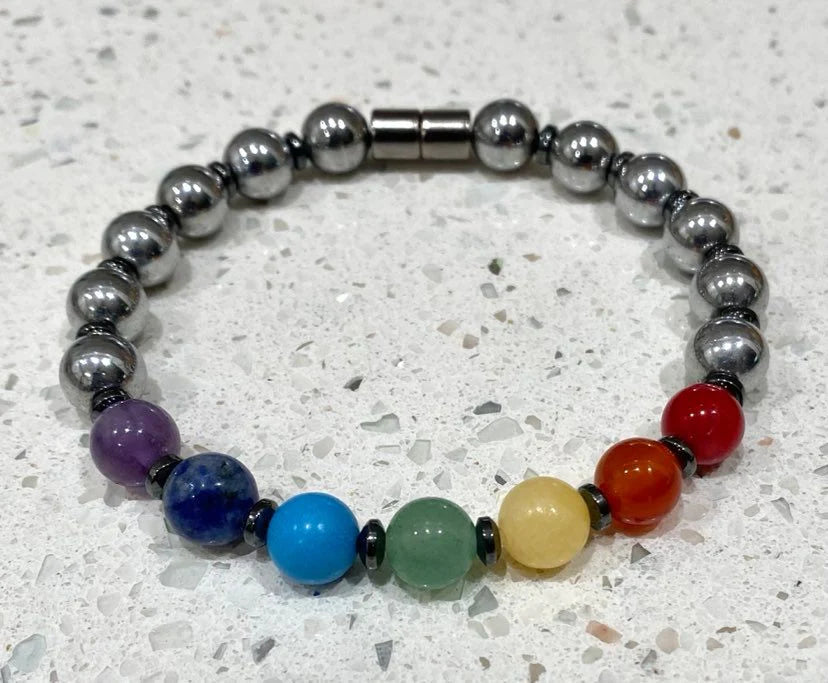 8mm Hematite Bracelet with Chakra colors
