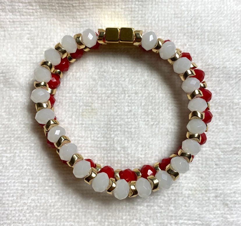 8mm Red and White Bracelet with Gold Hematite Spacers
