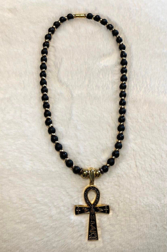 10mm Matte Black Onyx Necklace and Black & Gold Ankh with Gold Spacers