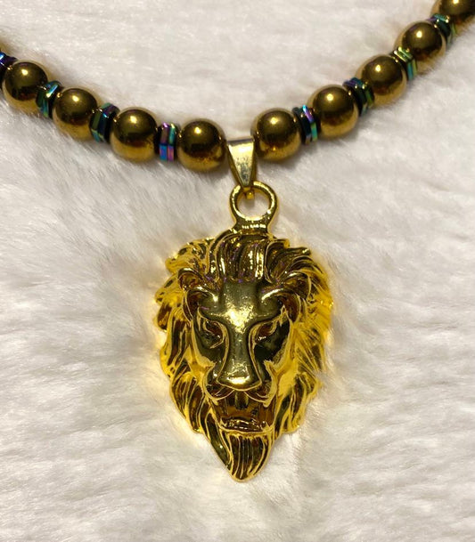 20 inch 8mm Gold Hematite Necklace with Gold Lions Head