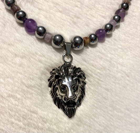 21 inch 8mm Amethyst and hematite Necklace with Silver Lions Head