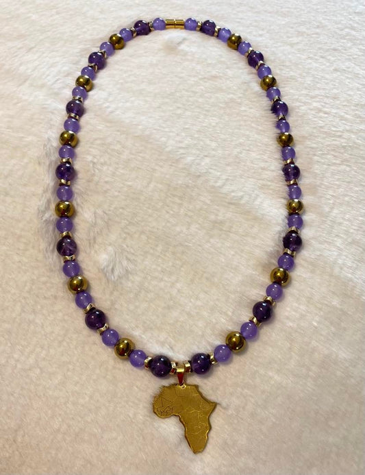 10 and 8mm Amethyst Bead Necklace with Gold Africa charm