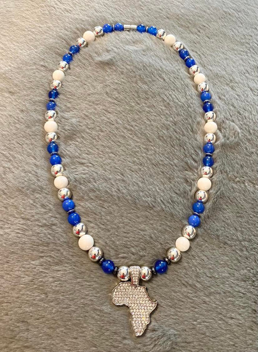 10mm White Jade and Hematite with 8mm Blue Sapphire Beads
