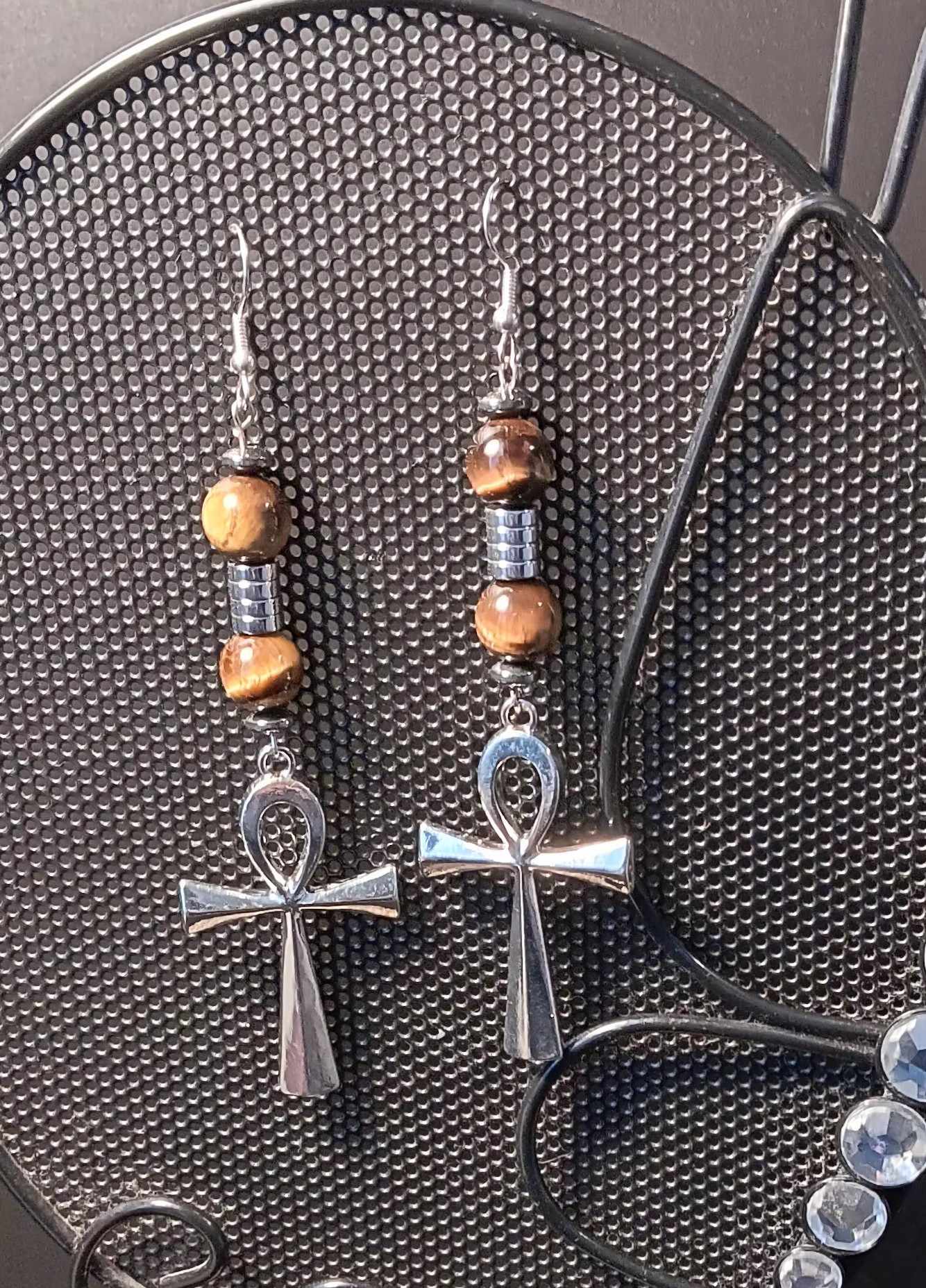 Tiger's Eye Silver Ankh Earrings