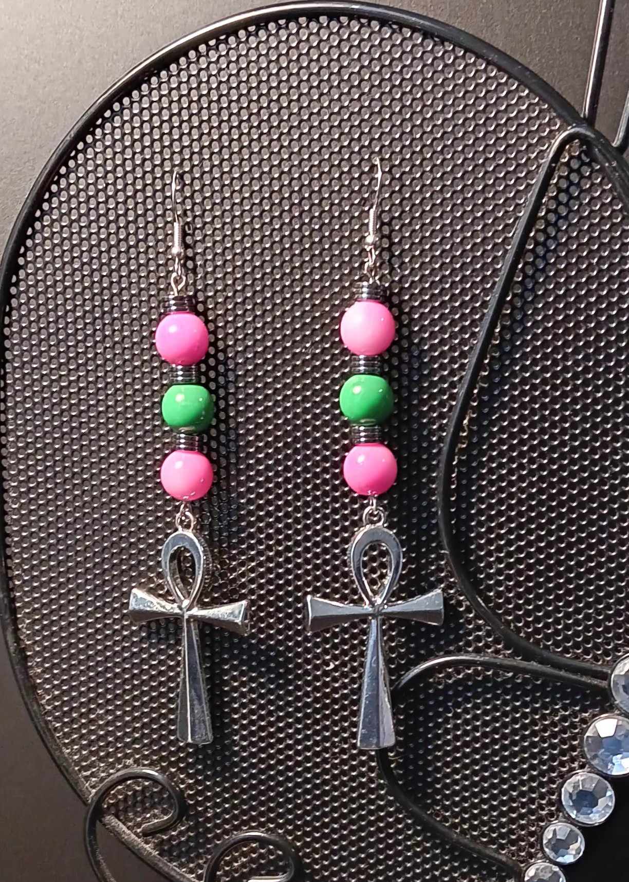 Pink and Green Ankh Earrings