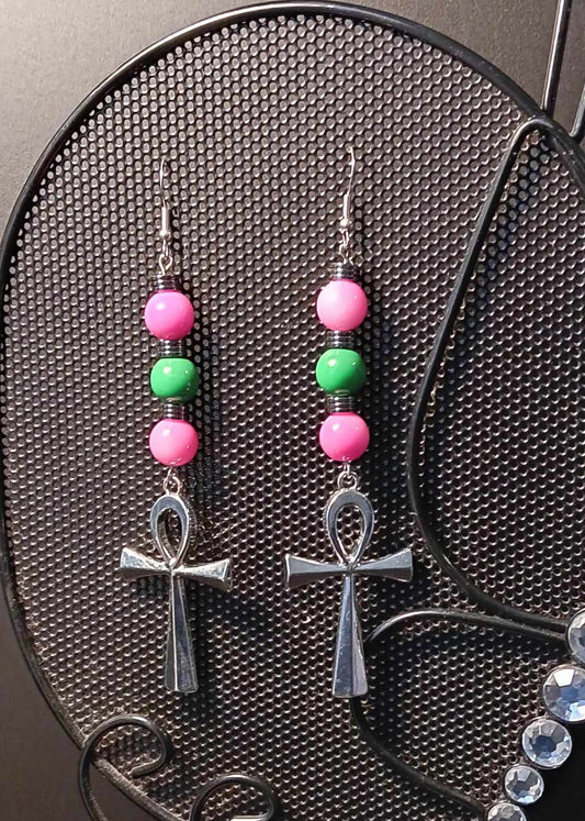 Pink and Green Ankh Earrings