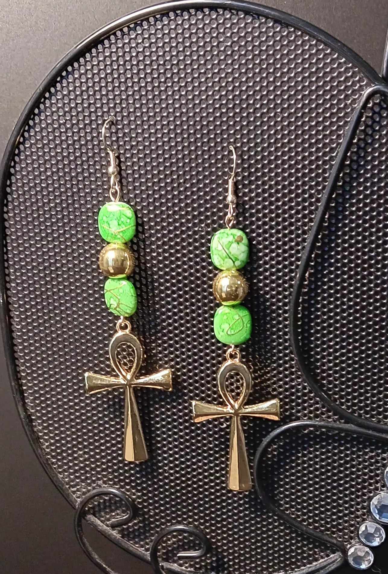 Gold Hematite and Green Ankh Earrings