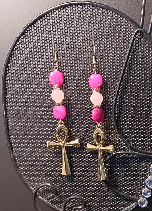 Rose Quartz and Pink Ankh Earrings