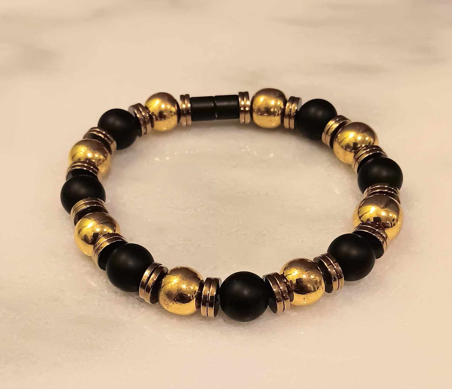 Gold Hematite and Matte Onyx 10mm Bracelet