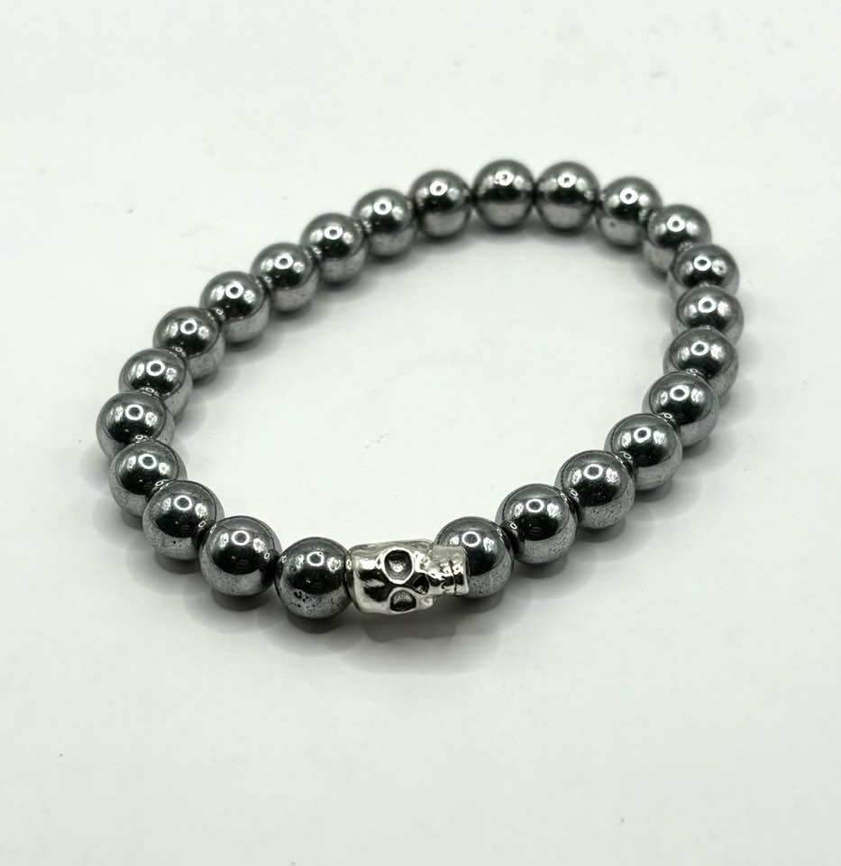 Hematite 8mm Skull Bracelet