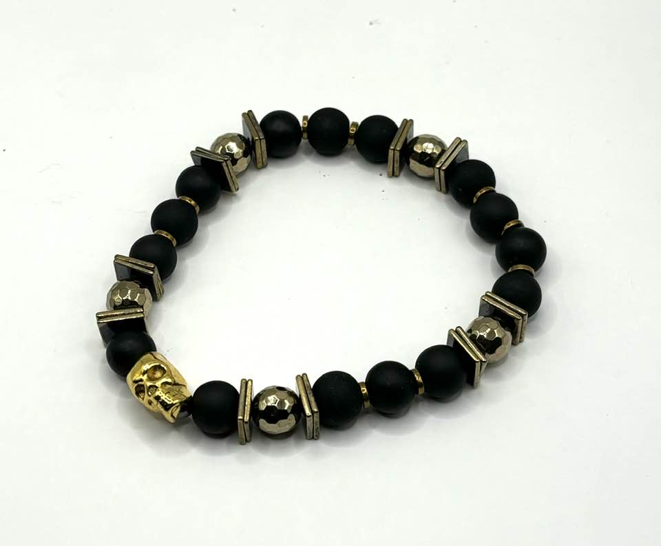 Obsidian and Gold Hematite Skull Bracelet