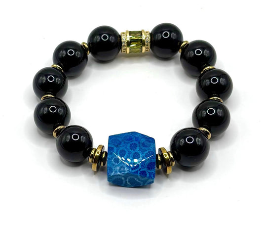 Black Onyx & Blue Fossil Coral Bracelet – Strength, Calm & Style