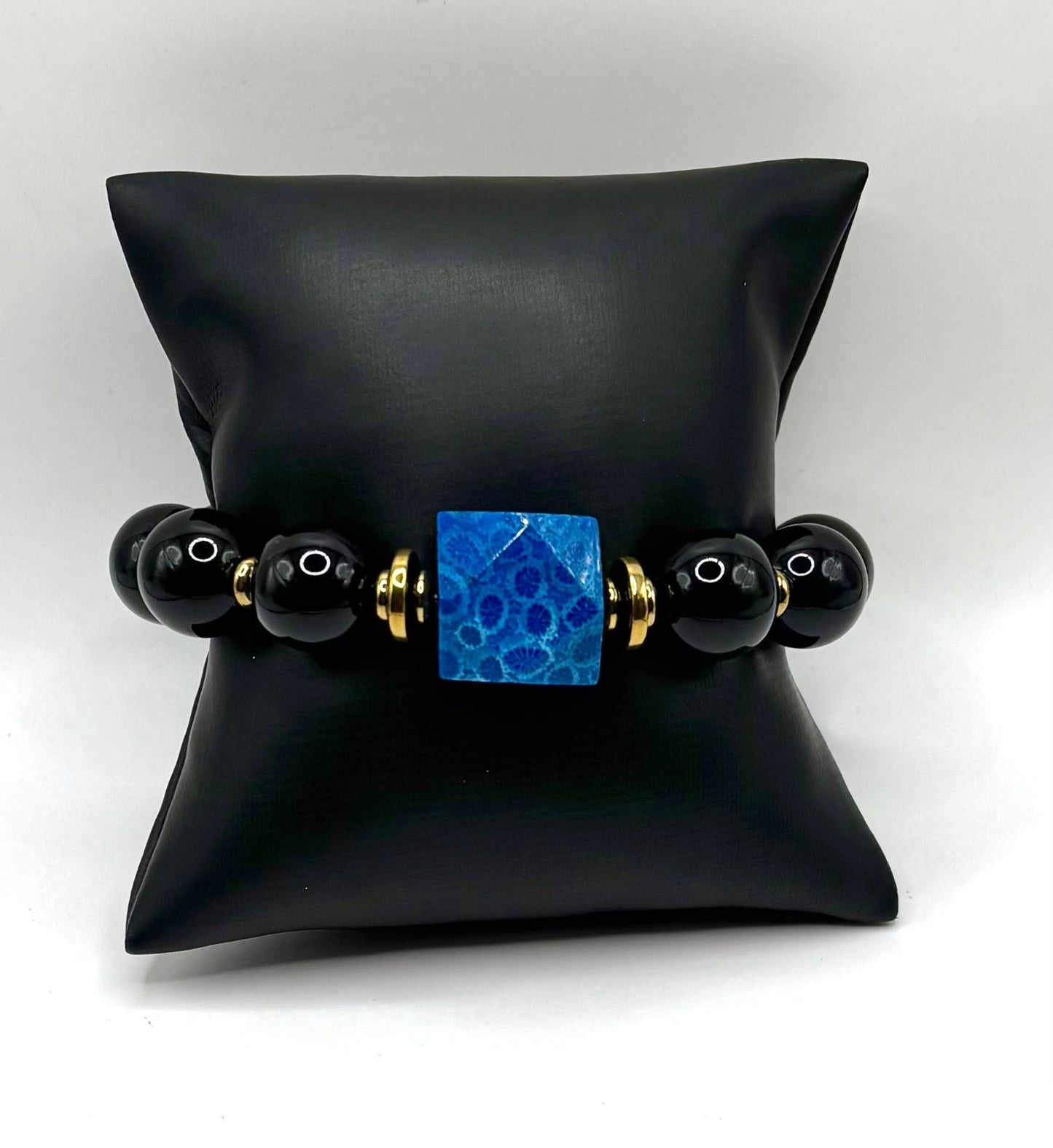 Black Onyx & Blue Fossil Coral Bracelet – Strength, Calm & Style
