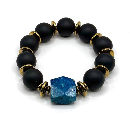 Matte Onyx & Blue Fossil Coral Bracelet – Strength, Calm & Modern Style
