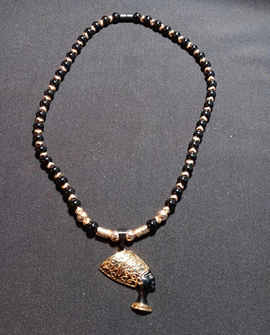 Onyx and Gold Hematite Necklace with Neferititi