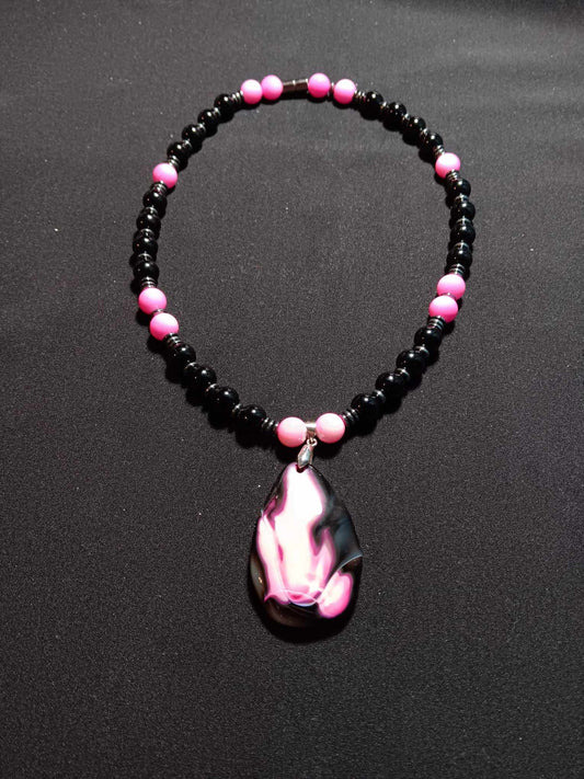 Onyx and pink stone charm Necklace