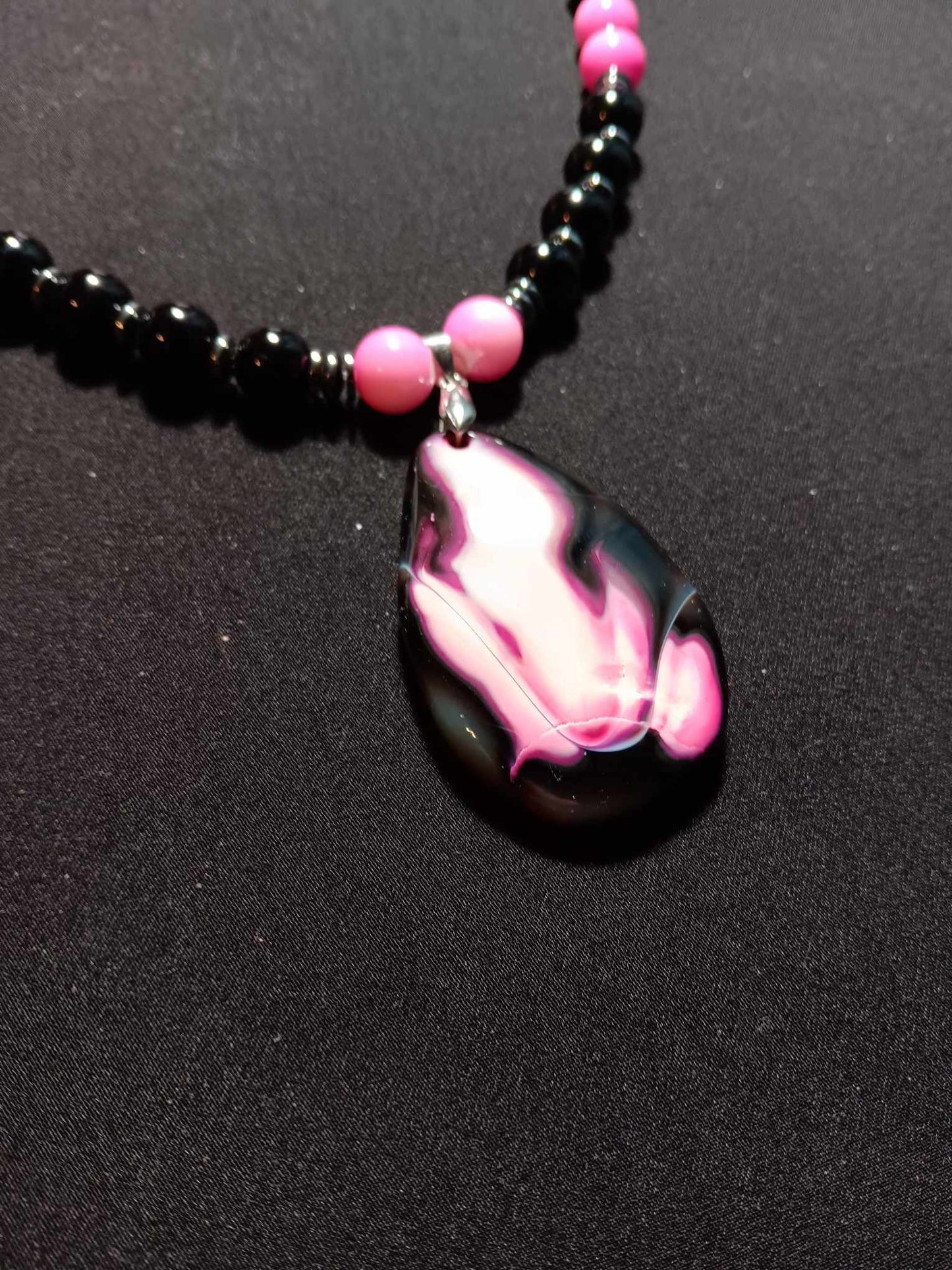 Onyx and pink stone charm Necklace