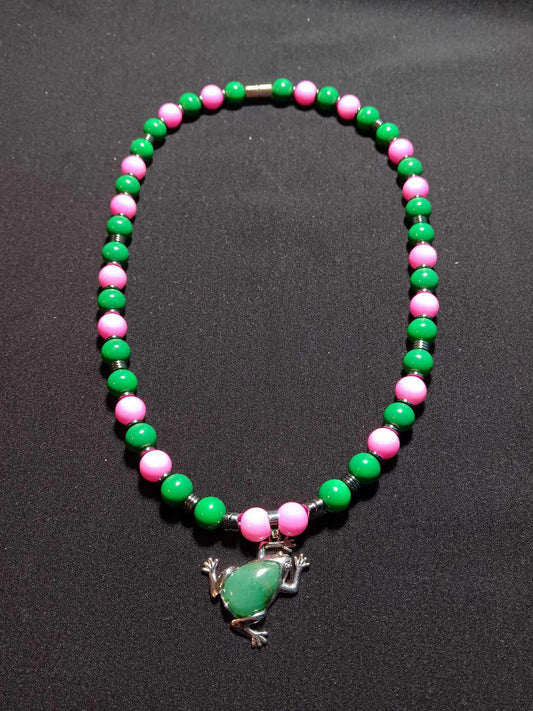 Pink and Green Beaded Necklace with Aventurine Frog Pendant