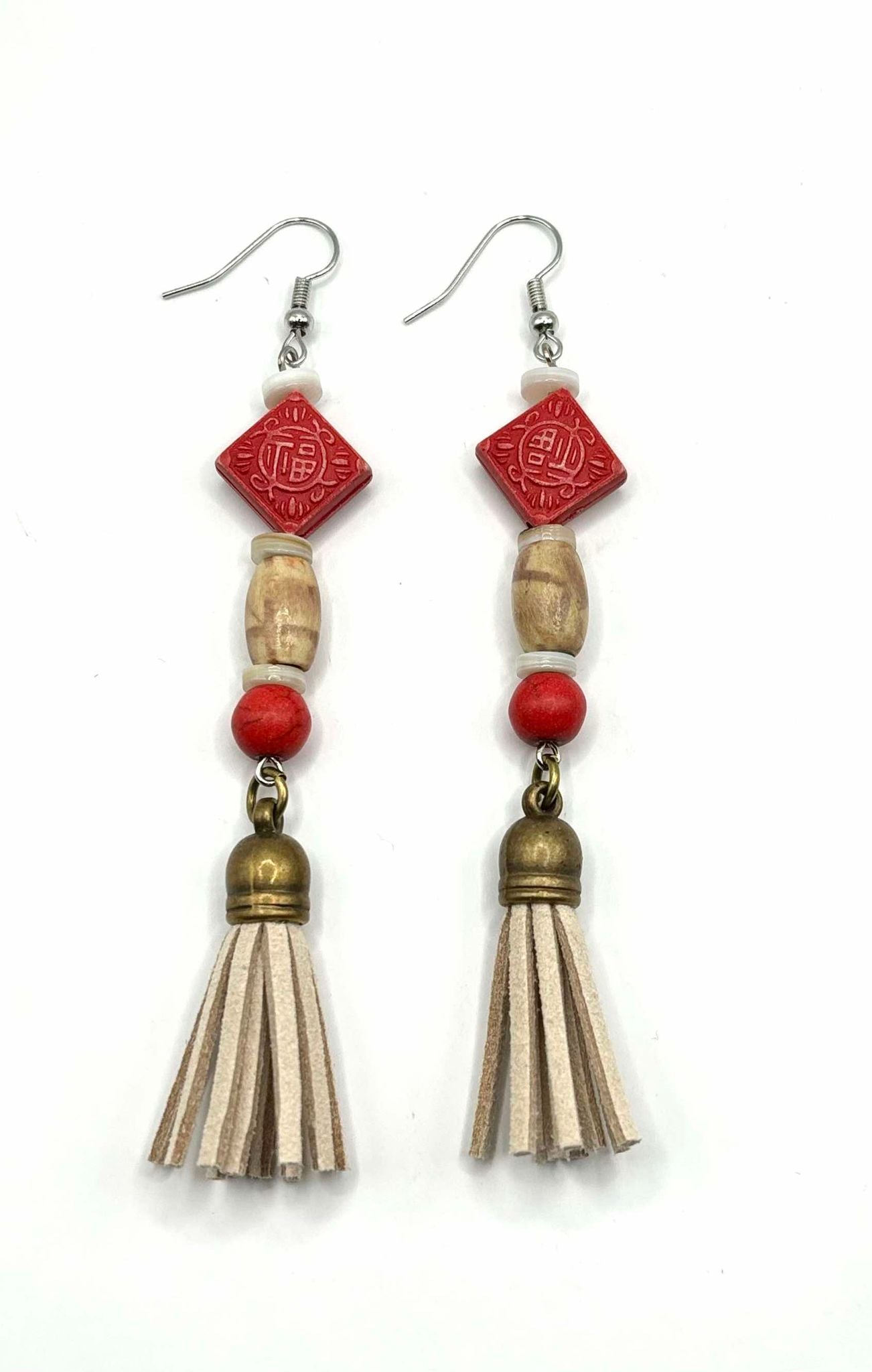 Red and beige with beige tassels