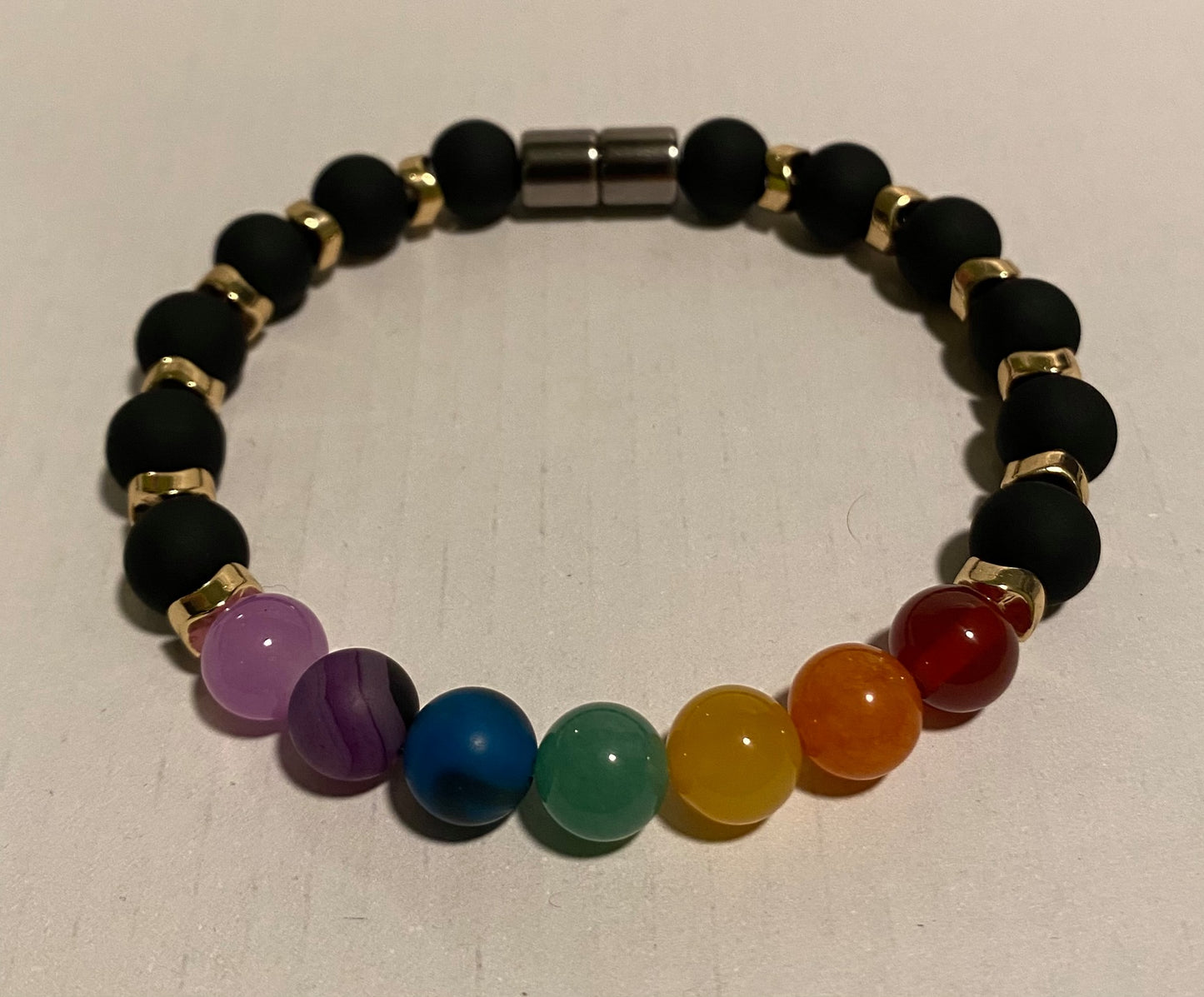 Black and Chakra Colored Beaded Bracelet with Hematite