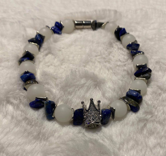 White and Blue Beaded Necklace with Crown