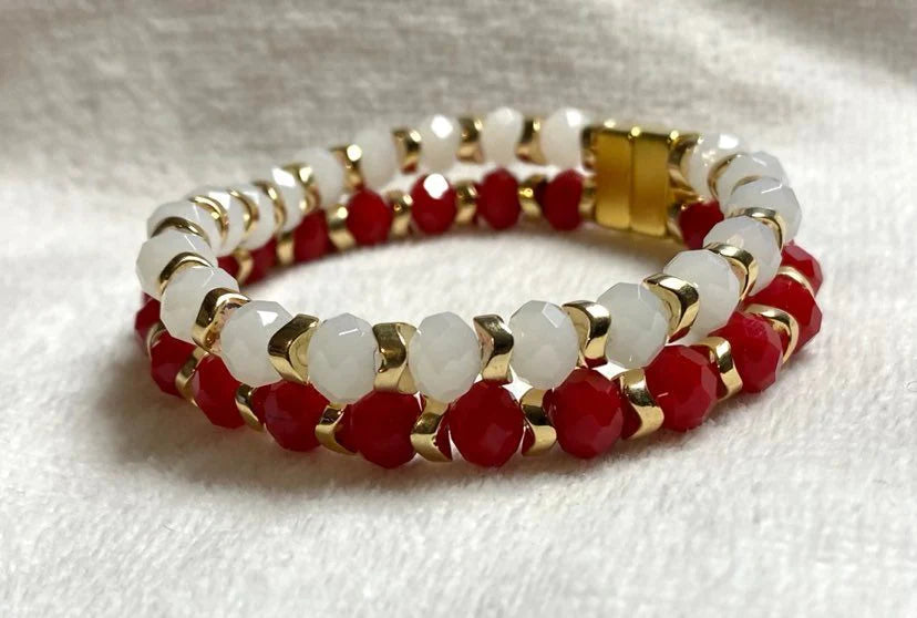 8mm Red and White Bracelet with Gold Hematite Spacers