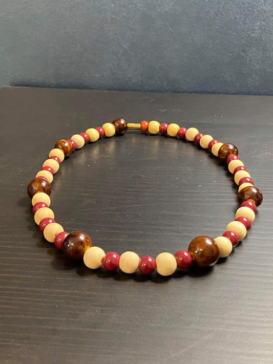 Multi-colored wood beaded necklace