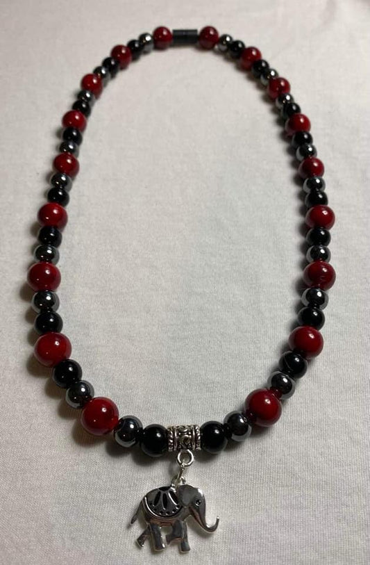 Red Quartz, Black Obsidian, Hematite beads with Silver Elephant Charm