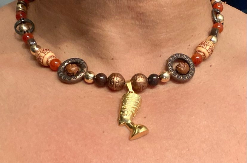 8mm Carnelian and Hematite, 10mm Tiger's Eye with Nefertiti pendant