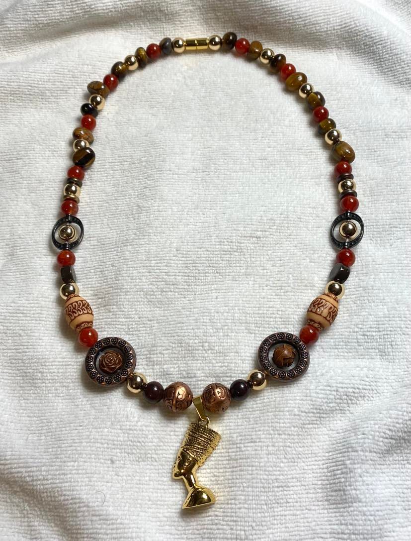 8mm Carnelian and Hematite, 10mm Tiger's Eye with Nefertiti pendant