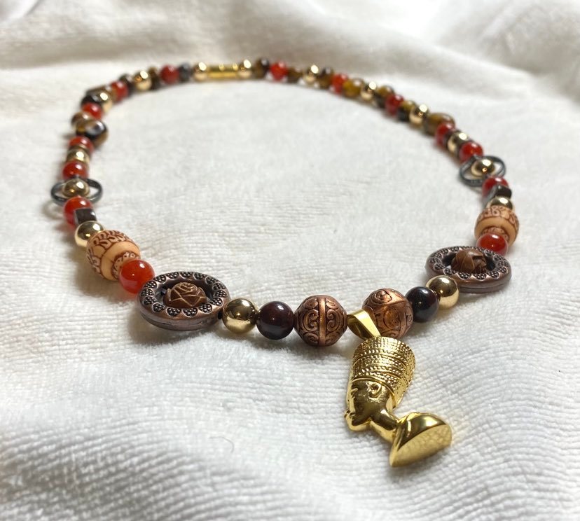 8mm Carnelian and Hematite, 10mm Tiger's Eye with Nefertiti pendant