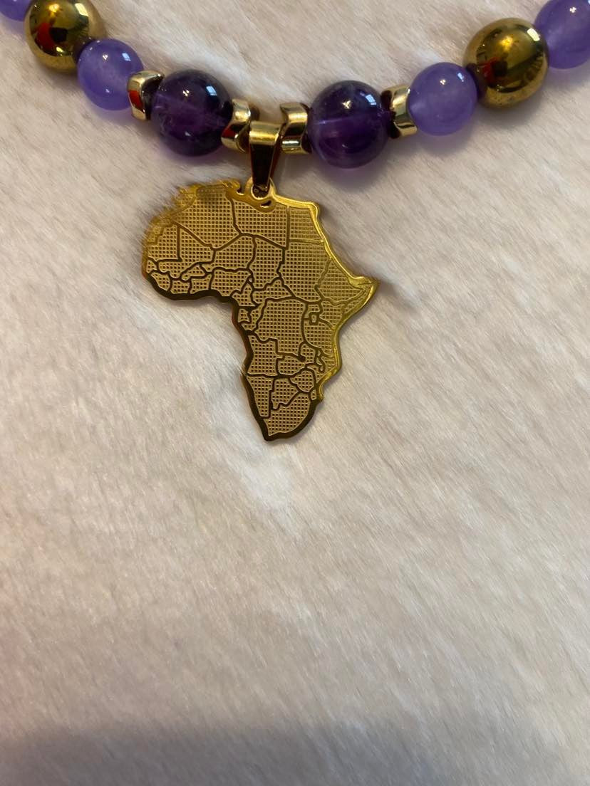 Amethyst and Hematite Necklace with Africa charm